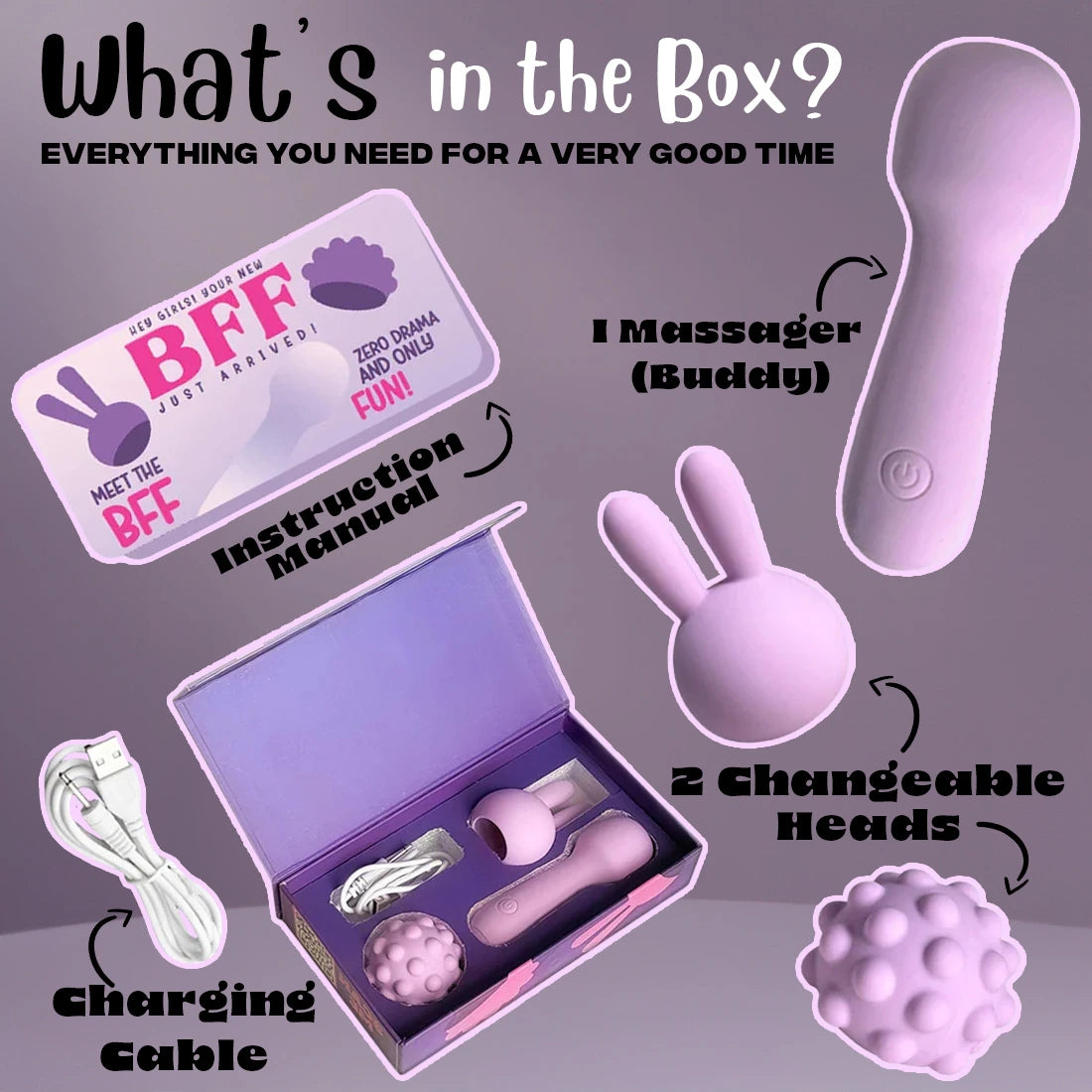 Calmras Bff massage device set with packaging, massage buddy, interchangeable heads, and charging cable on a gray background.