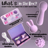 Calmras Bff massage device set with packaging, massage buddy, interchangeable heads, and charging cable on a gray background.