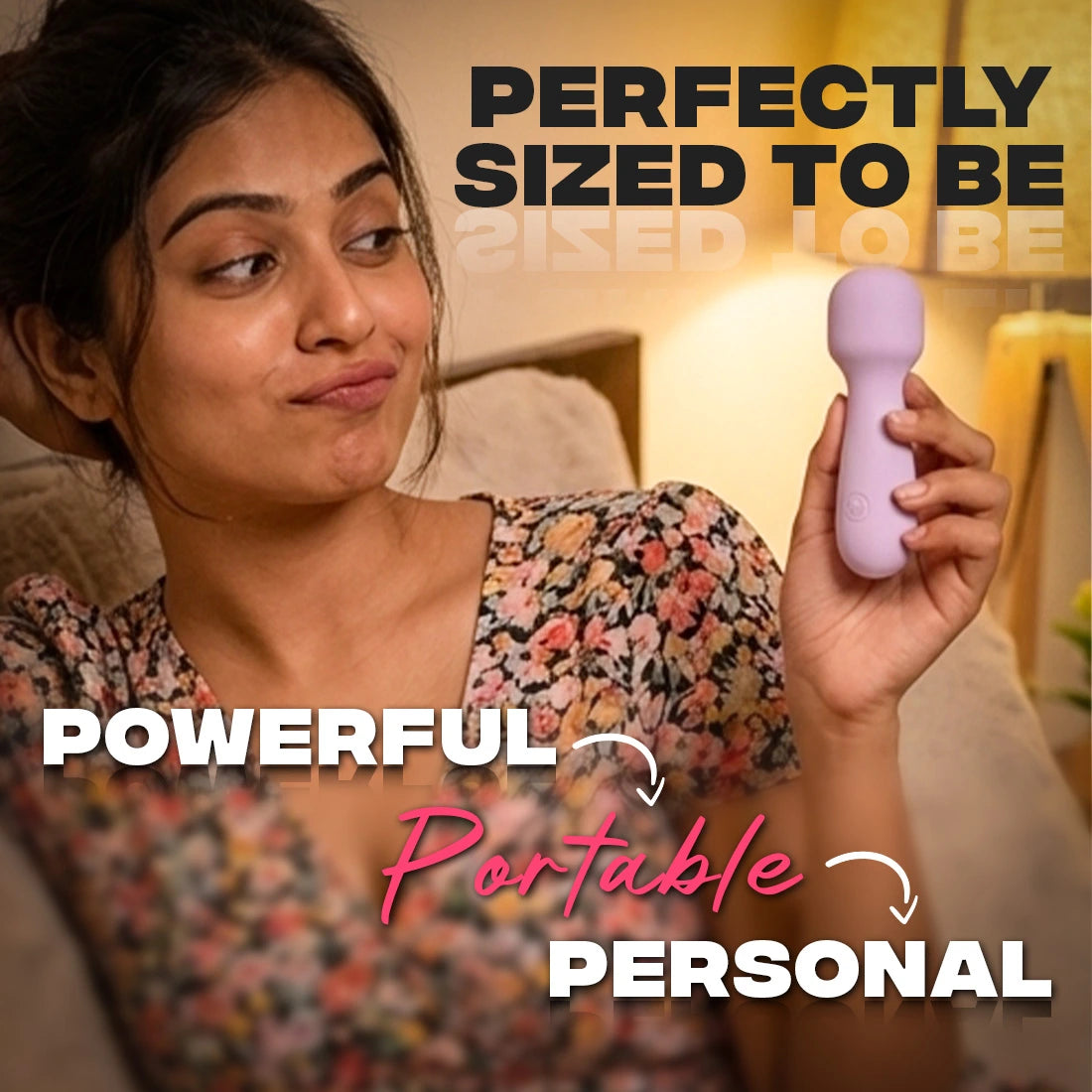 Woman holding a Calmras BFF handheld body Massager with text describing its features.