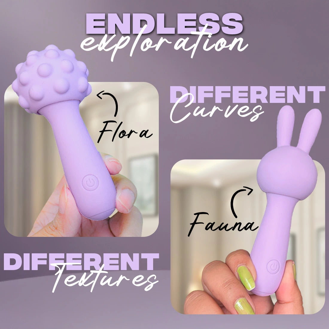 Calmras BFF Personal body Massager with 'Flora' and 'Fauna' labels on a purple background with text about exploration and textures.