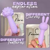 Calmras BFF Personal body Massager with 'Flora' and 'Fauna' labels on a purple background with text about exploration and textures.