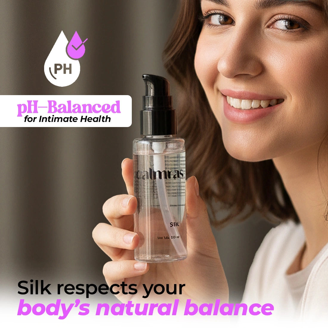 Woman holding a bottle labeled 'calmras' with pH-Balanced branding and text about body health.