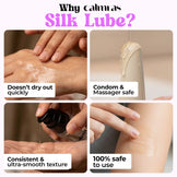Calmax Silk Lube showing its use on skin and safety features.