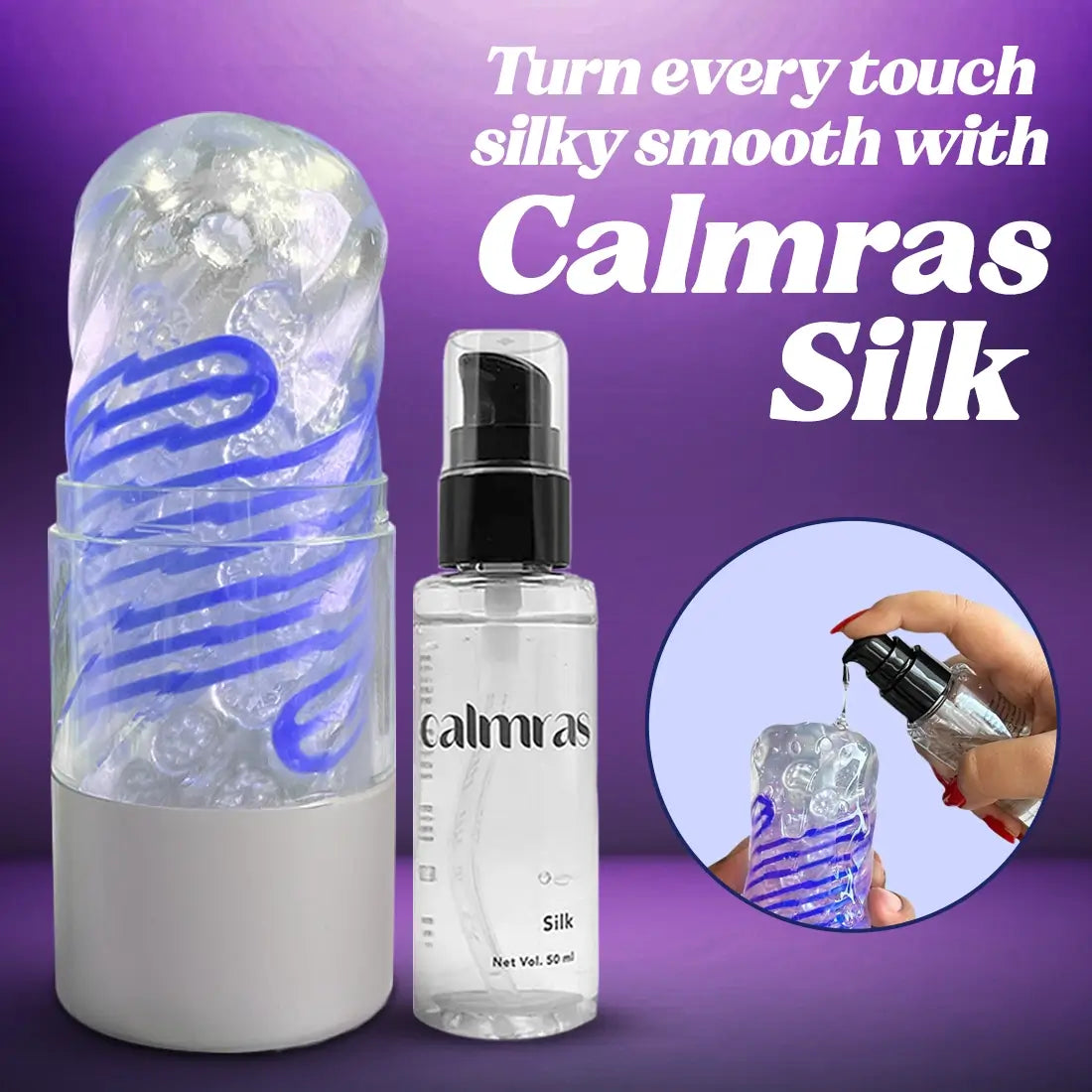 Calmras Silk product with packaging and application on a Calmras Spinner Massager