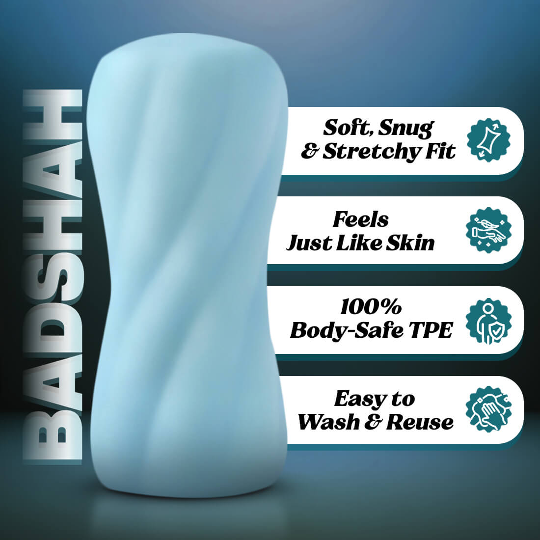 Calmras Badshah Blue silicone product with features listed on a dark background