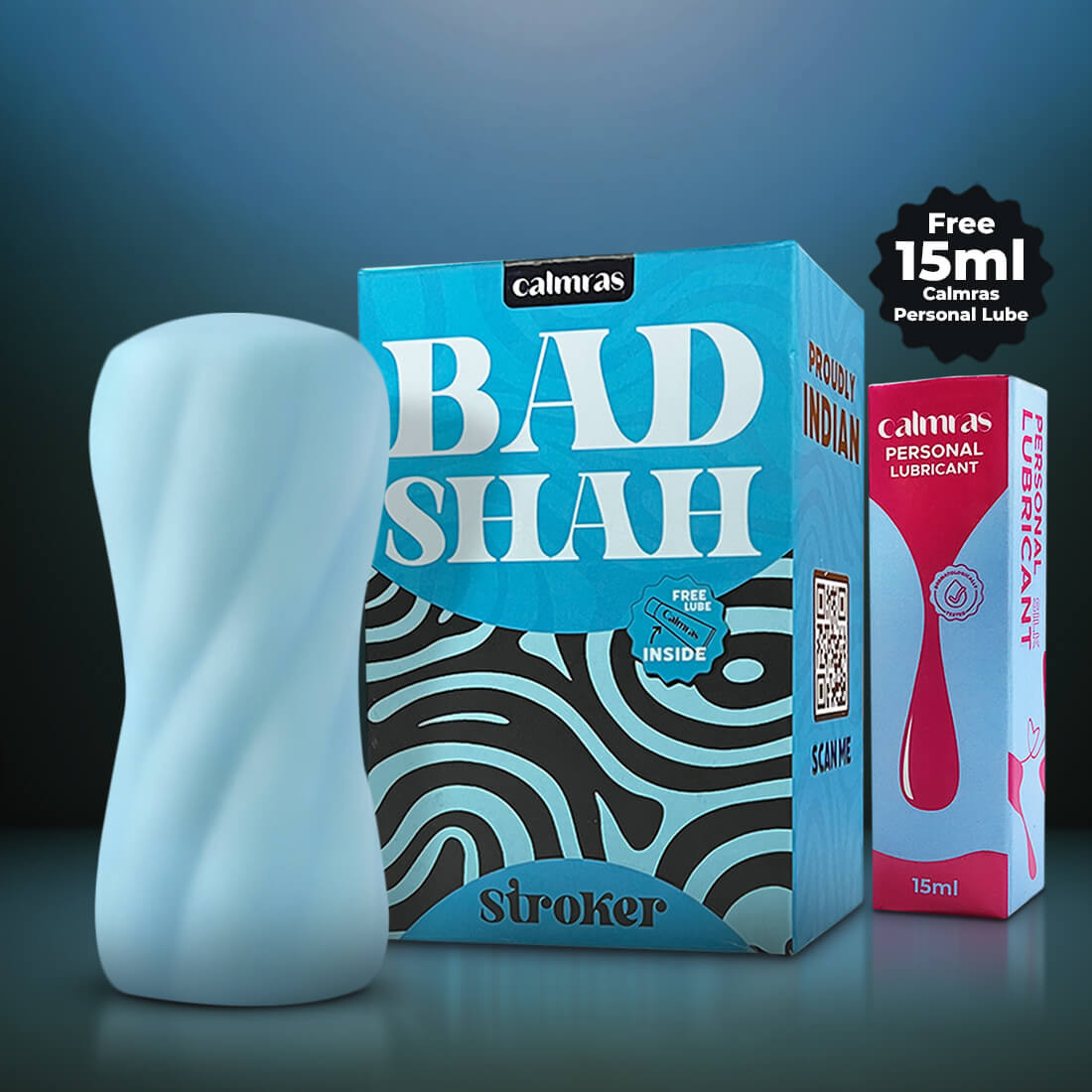 Calmras BadShah stroker with Calmras personal lubricant on a dark background
