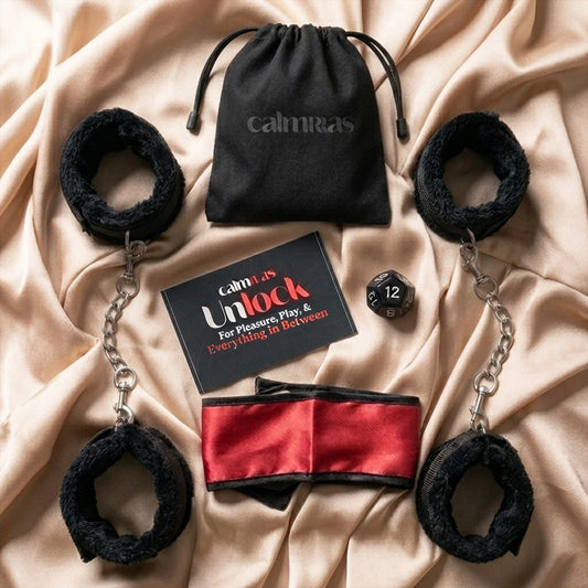 Black bondage cuffs, blindfold, dice, and storage pouch for couples play Personal Wellness Tool | Calmras India
