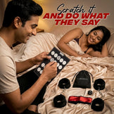 Man and woman on a bed with Calmras Surrender Love kit product packaging and accessories.