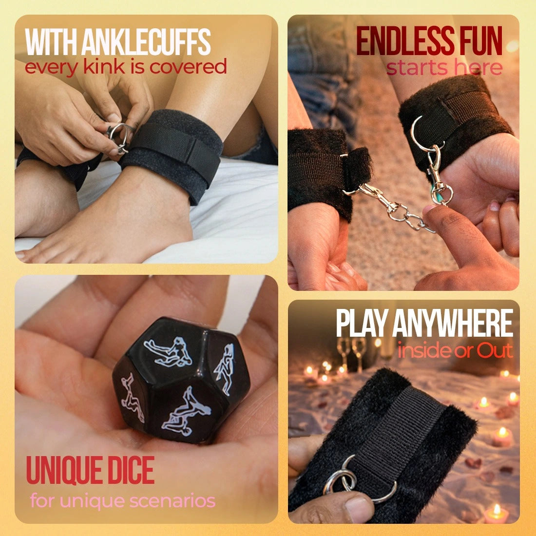 Collage of images showing calmras ankle cuffs, dice, and hands with text about their features. 