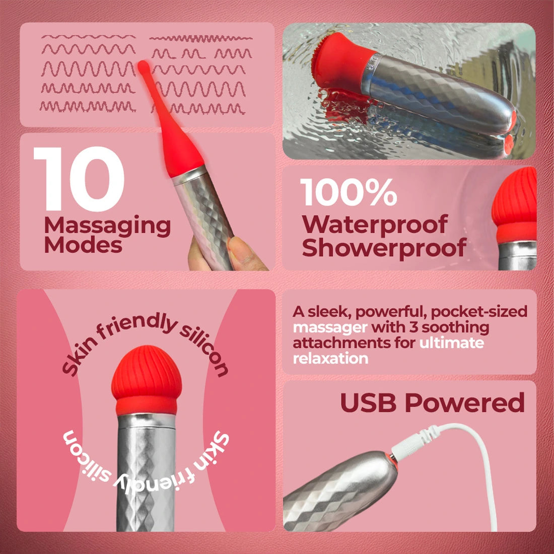 Noor body relief device – feature highlights on pink background