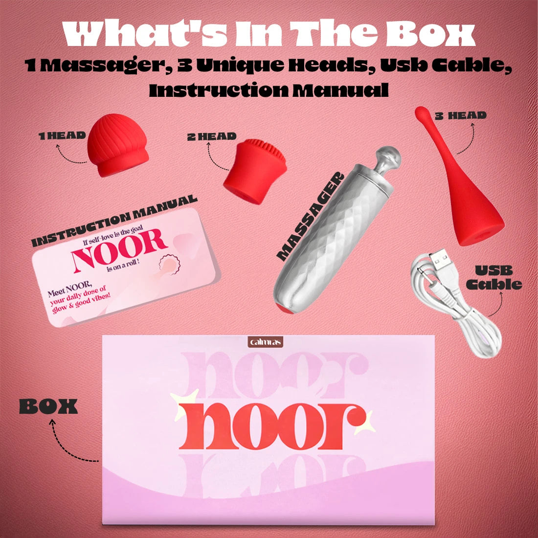 Noor product packaging – device, heads, USB cable and manual