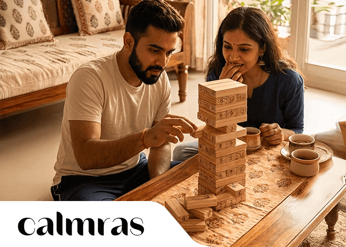 Man and woman playing Jenga together on a wooden table in a living room.